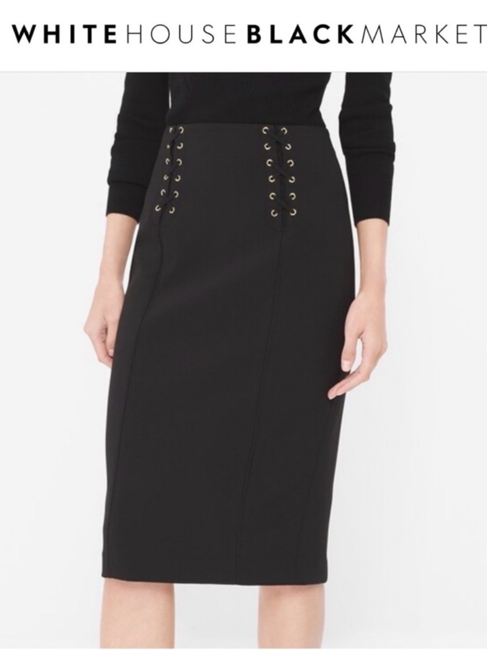 White House Black Market Black Lace-Up Pencil Skirt Size 8